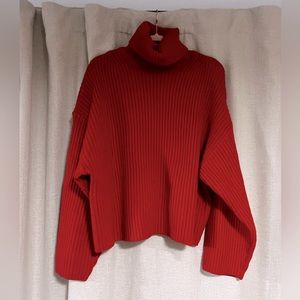 Red turtleneck sweater.